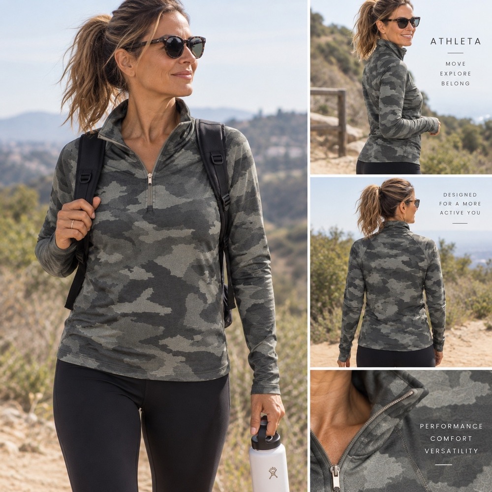 Athleta Momentum 1/2 Zip Camo Pullover Womens Large Gray Athletic Running Top